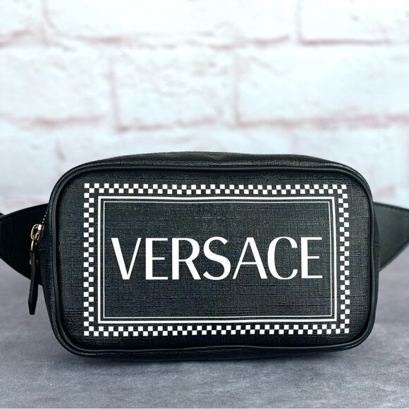 VERSACE Grained Calfskin 90's Logo Belt Bag Black - Picture 1 of 13